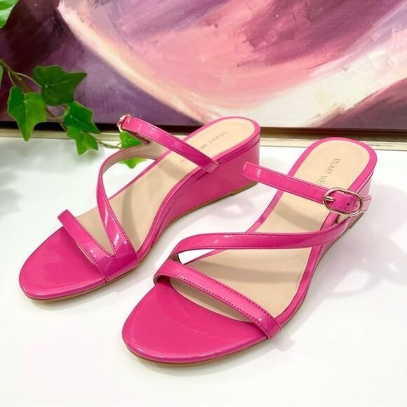 NWOB Stuart Weitzman Align Ii Buckle Patent Wedge Sandal in Pink Size 6 - Picture 5 of 11